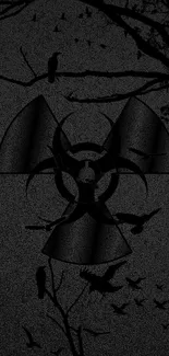 Dark wallpaper with biohazard symbol and bird silhouettes.