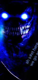 Dark blue monster with glowing eyes and a menacing smile on wallpaper.