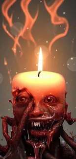 Dark candle melting over a skull with flames.