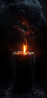 A dark candle with artistic smoke in shadowy background.