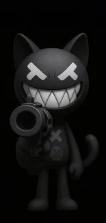 Dark cartoon cat with a toy gun on black background.