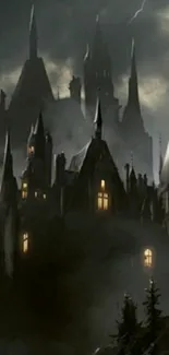 Dark and mystical fantasy castle on a stormy night.