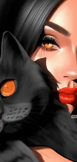 Digital art of a woman with a dark cat, featuring striking orange eyes.