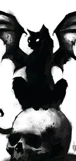 Dark cat with bat wings on a skull art wallpaper.