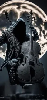 Cellist silhouette with cello under a full moon in artistic dark theme.