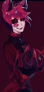 Anime-style dark character with vibrant red and purple hues.