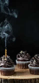 Dark chocolate cupcakes with a smoky candle effect on a wooden board.