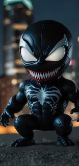 Chibi Venom figure with city backdrop at night, showcasing urban lights.