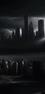 Futuristic dark cityscape with clouds and light beams.