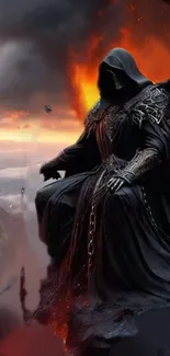 Dark cloaked warrior with fiery backdrop in fantasy setting.