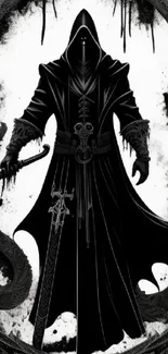 Dark cloaked warrior with sword in gothic style.