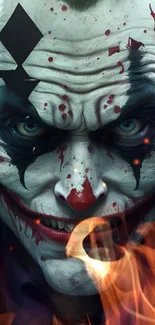 Dark clown mobile wallpaper with fiery accents and intense gaze.