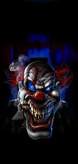 Horror clown with glowing eyes on a dark background, perfect for mobile wallpaper.