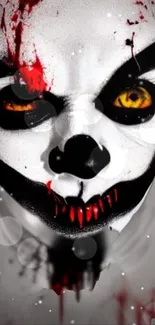 Dark clown with red accents and yellow eyes on a black background.