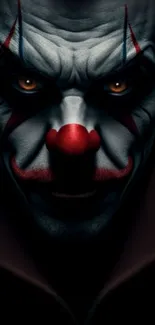 Dark and eerie clown face with intense lighting in mobile wallpaper.