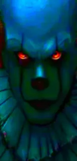 Eerie clown with glowing red eyes on dark blue background.