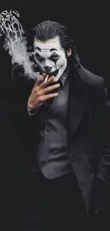 Mysterious clown smoking with dark backdrop, artistic mobile wallpaper.