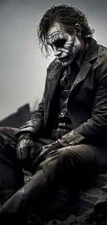 Dark clown sits on rubble with city background, creating a dramatic scene.