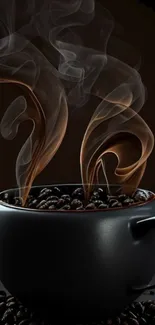 Dark coffee cup with steam rising from roasted beans.