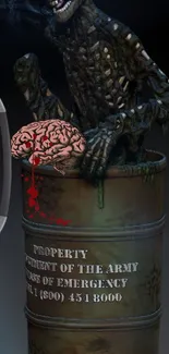 Dark creature in a barrel holding a brain, horror-themed wallpaper.