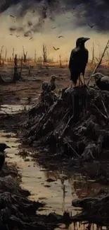 Dark crows perch on barren land under a stormy sky.