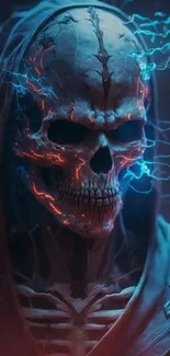 Cybernetic skull with blue lightning and dark theme.