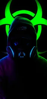 Cyberpunk biohazard mask with neon design on a dark background.