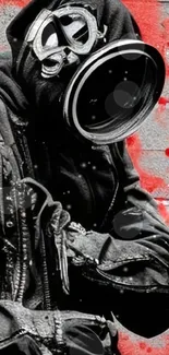 Cyberpunk artwork with gas mask and red splashes.