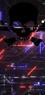 Cyberpunk wallpaper featuring a neon skull with red and blue accents.