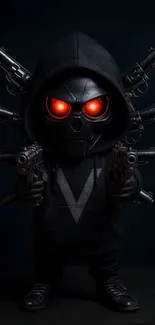 Hooded figure with glowing red eyes and guns, cyberpunk theme.