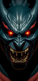 Dark demon face with glowing red eyes.