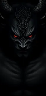 Dark demon with glowing red eyes on black background.