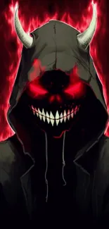 Hooded demon with red eyes and horns, intense dark art.