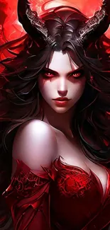 Dark-themed fantasy art of a demoness with red eyes.