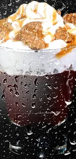 Chocolate drink with whipped cream and cookies on black background.