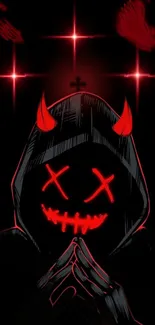 Hooded devil artwork with glowing red smile and eyes.