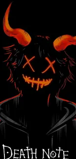 Dark demon art with red horns and eerie smile.