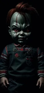 Eerie doll with red eyes on a dark background wallpaper.