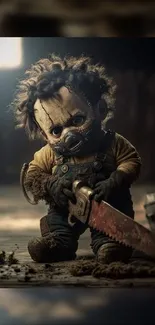 Creepy doll holding a rusty chainsaw, set in a dimly lit room.