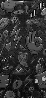 Dark themed doodle mobile wallpaper with quirky symbols and icons.