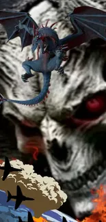 Fierce dragon flying before a fiery skull in a fantasy art scene.