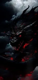 A dark dragon shrouded in smoke and shadows with red accents amid a night sky.