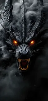 Dark dragon with glowing eyes in smoke-filled background.