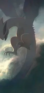 Epic dragon soaring in a stormy sky, displaying fantasy power.