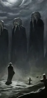 Dark eldritch figures in mysterious forest wallpaper.