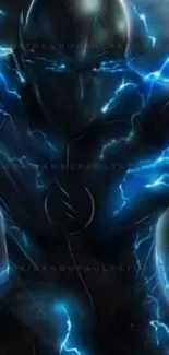 Dark superhero with blue lightning on phone wallpaper.