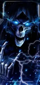 Dark skull with electric blue lightning on phone wallpaper.