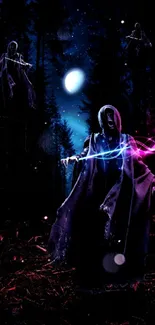 Dark forest with mystical hooded figures and neon effects.