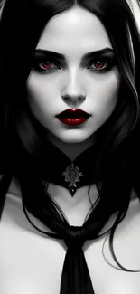 Dark enchantress wallpaper with red eyes and black hair for mobile screen.