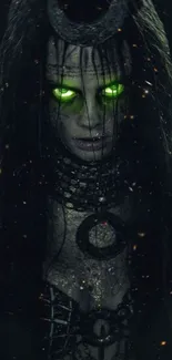 Dark fantasy wallpaper with an enchanting figure and glowing green eyes.